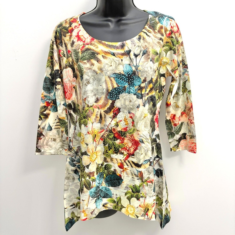y2k fairy Styleus Tunic Top Floral Animal Print Rhinestone Size M